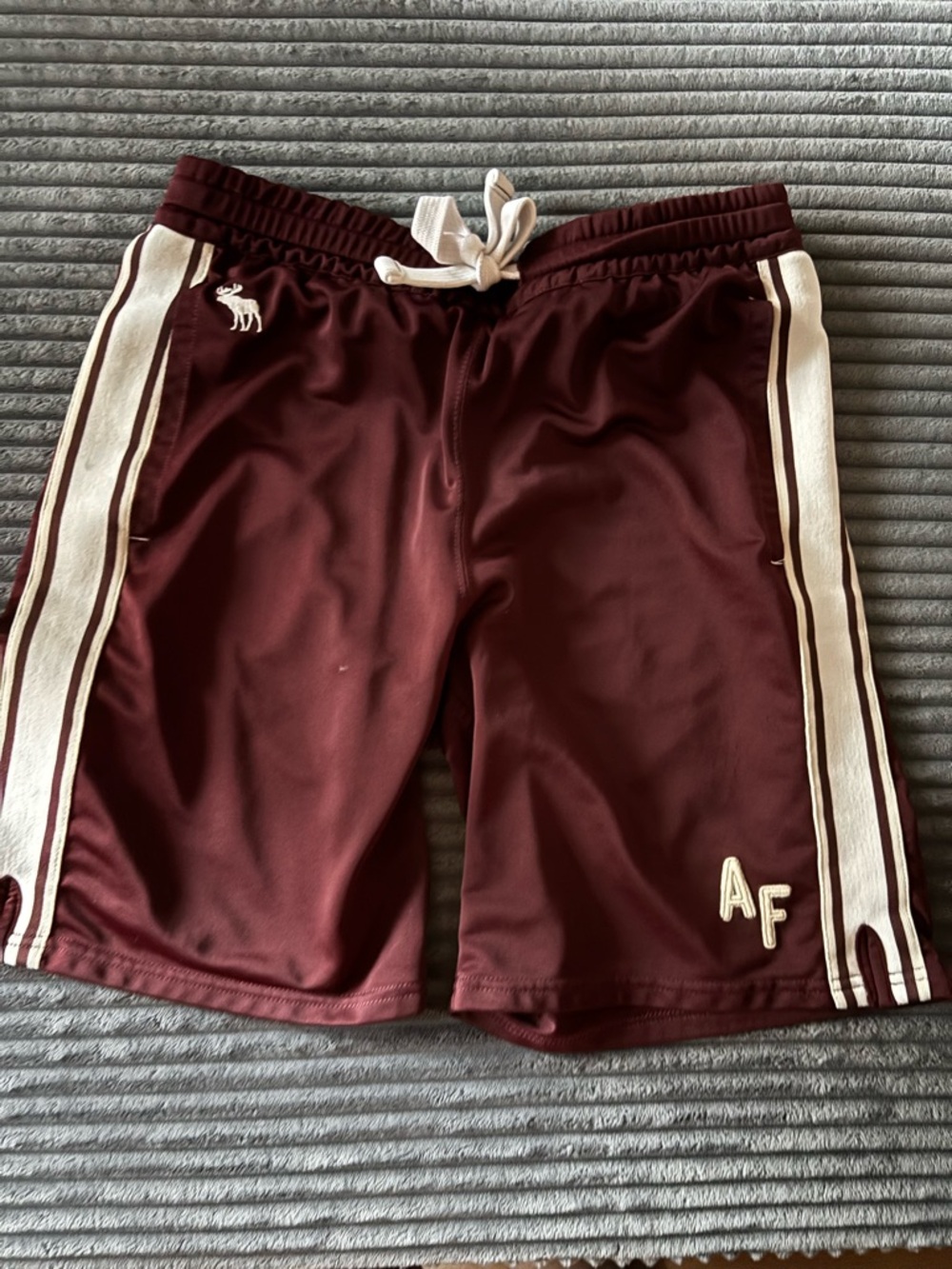 Abercrombie & Fitch Maroon Athletic Shorts with White Stripes